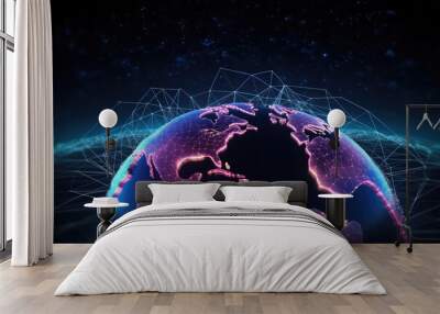 A globe of a planet surrounded by neural neon nexus lines, grid and nodes. Creative concept of technological progress, the World Wide Web banner. Generative AI 3d render illustration imitation. Wall mural