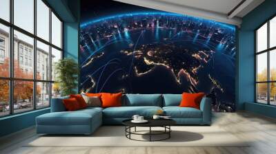 A globe of a planet surrounded by neural neon nexus lines, grid and nodes. Creative concept of technological progress, the World Wide Web. Generative AI 3d render illustration imitation. Wall mural