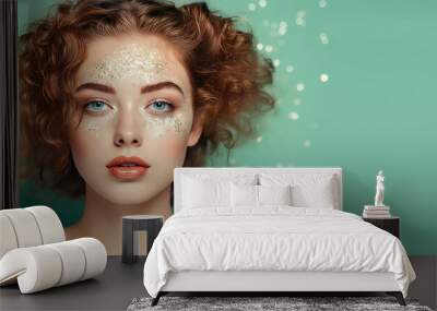 Beautiful young woman in glitter isolated on flat green background with copy space. Shiny cosmetic glitter for skin, party and fashion event.  Wall mural