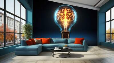 Burning classic light bulb with a small glow in the dark brain inside isolated on a black background. Creative brainstorming concept, idea, startup. 3d render illustration style. Wall mural