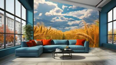 Close up of big field of golden wheat, blue sunny bright sky with clouds. Natural wallpaper for agricultural banner. Generative AI photo imitation. Wall mural