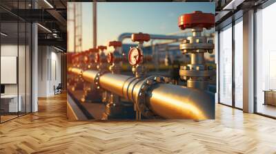 Close-up of Gas tap with outdoor pipeline system near natural gas station. Gas industry, natural gas production.  Wall mural