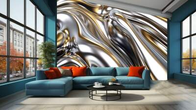 Close-up texture of liquid shiny metal in silver gray color with highlights and gold shimmers. Liquid metallic texture, backdrop for web promotion. Generative AI 3d render illustration imitation. Wall mural