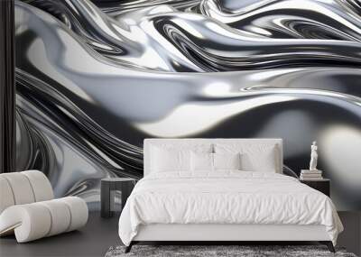 Close up texture of liquid shiny metal in silver gray color with highlights and shimmers. Liquid metallic texture, backdrop for web promotion. Generative AI 3d rendering illustration imitation. Wall mural