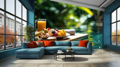 Close-up tray with Breakfast in swimming pool, floating dining table at tropical resort. Fruit plate in calm pool water. Wall mural