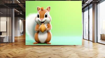 Closeup Cute cartoon 3d squirrel with nuts isolated on flat green background with copy space. Banner template for advertising a product with natural whole nuts composition. Wall mural