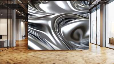 Closeup texture of liquid shiny metal in silver gray color with swirls, highlights and shimmers. Liquid metallic texture, backdrop for web promotion. Generative AI 3d render illustration imitation. Wall mural