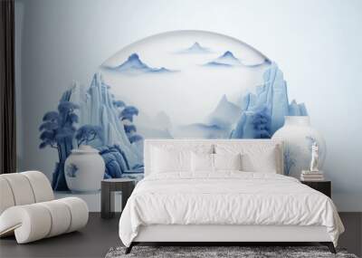 Composition of porcelain tableware in white with blue national traditional designs. Vintage Japanese tableware with painting against light color wall. Generative AI professional photo imitation. Wall mural