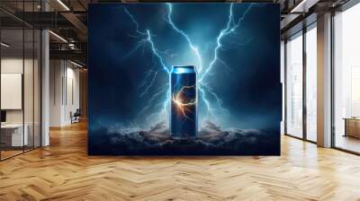 Creative concept banner to advertise an energy drink in an aluminum can. Energy drink with lightning and flashes, symbols of energy. 3d render illustration style. Wall mural