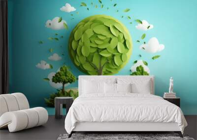 Creative concept Earth Day banner template. Nature, trees and green leaves in paper cut out style. 3d render illustration style illustration. Wall mural