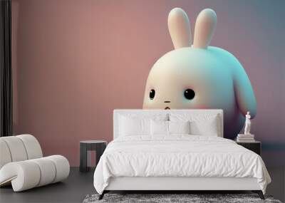 Cute baby rabbit ball 3d character. Cartoon bunny with big eyes. 3d render illustration. Generative AI art. Farm animals set. Minimal plastic style. Copy space Wall mural