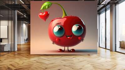 Cute cherry with heart 3d cartoon character. Ripe berry with big eyes. Funny cherry mascot isolated on flat background with copy space. Generative AI 3d render illustration imitation. Wall mural