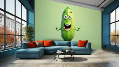 Cute green cucumber 3d cartoon character. Ripe cucumber vegetable with eyes, banner template. Funny mascot on flat background, copy space. Generative AI 3d render illustration imitation. Wall mural