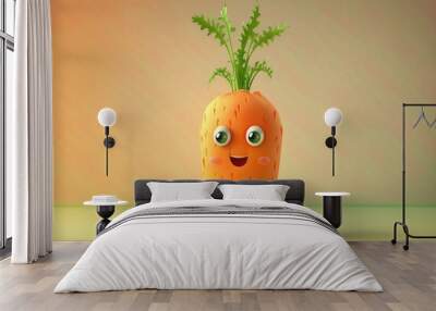 Cute orange carrot 3d cartoon character. Ripe carrot unpeeled vegetable with green leaves. Funny mascot on flat background, copy space. Generative AI 3d render illustration imitation. Wall mural