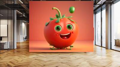 Cute red tomato 3d cartoon character. Ripe tomato vegetable with rosy cheeks. Funny mascot on flat background, copy space. Generative AI 3d render illustration imitation. Wall mural