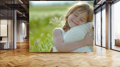 Cute smiling girl child in white dress in summer on green field hugging a sheep. Creative concept of purity, innocence, nature and childhood. Wall mural