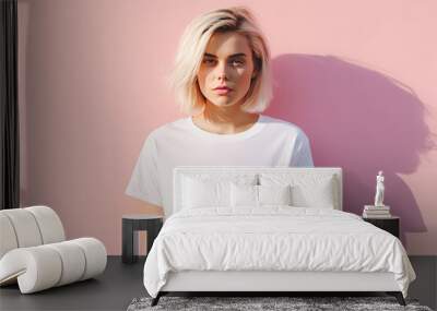 Cute young woman blonde hair with bob haircut isolated on flat pink background with copy space. Cute girl in white simple t-shirt.  Wall mural