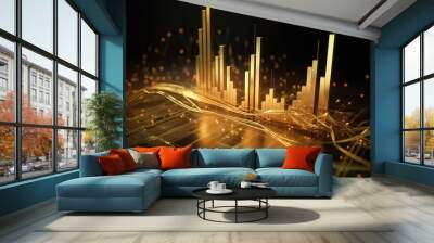 Gold bullion and growth candlestick chart isolated on black background. Creative wallpaper crypto trading, stock trading, investments and stocks. Generative AI 3d render illustration imitation. Wall mural