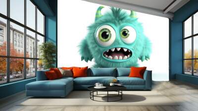 Green fluffy cartoon character monster isolated on white background. Pretty Monster with horns, funny mascot. Generative AI 3d render illustration imitation. Wall mural