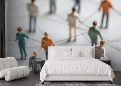 Group of simple miniature people shapes connected by thread lines on a simple background. Wallpaper of communication, social communications Wall mural