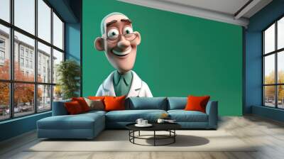 Happy positive doctor in a white coat on a green background with text space.  Creative cartoon character doctor man, medical banner template. Generative AI 3d render illustration imitation. Wall mural