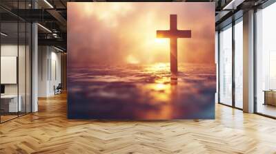 Heavenly Light Behind Christian Cross. Silhouette of a Christian cross against a vibrant sunset with heavenly rays of light, symbolizing hope and faith, copy space, banner. Wall mural