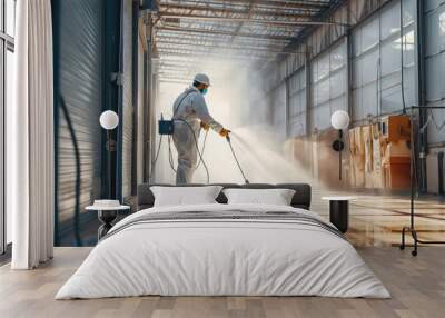 Industrial building worker using a spray cleaner to clean surface. Creative concept of professional cleaning service for industrial enterprises.
 Wall mural