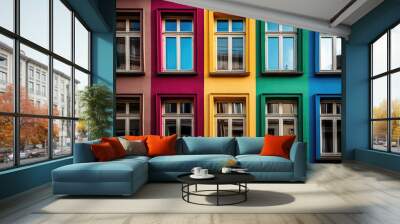 Modern facade of the building with colorful rainbow windows. Front view of the house with colored windows. Creative architectural wallpaper. Generative AI photo imitation. Wall mural