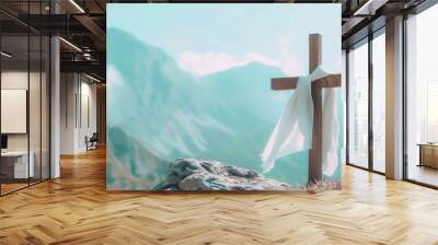 Picturesque landscape of an old wooden cross with a scarf of white fabric against a backdrop of mountains and blue sky. Faith, Orthodoxy, symbol of hope. Wall mural