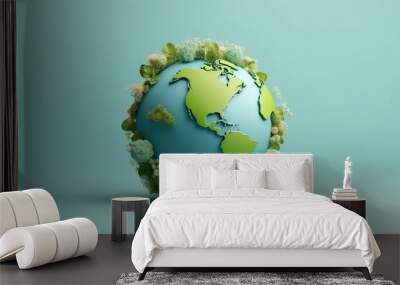 Planet earth surrounded by trees, plants and flowers isolated on flat blue background, copy space. Creative earth day concept, ecological living, plastic free, 3d cartoon clay style. Generative AI Wall mural