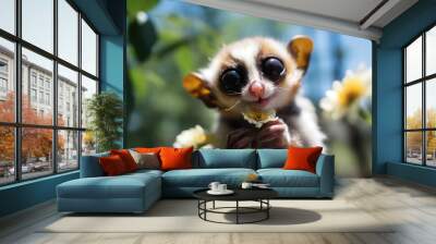 Slow Loris monkey holds a daisy flower and smiles. Sunny day, happiness, summer, love of nature. Little funny baby loris sniffs spring flowers. Generative AI. Creative Happiness wallpaper Wall mural