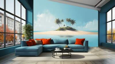 Small tropical sandy island surrounded by the blue waters of the ocean. A beautiful bright blue summer sunny sky. Creative concept of summer. Generative AI 3d render illustration imitation. Wall mural