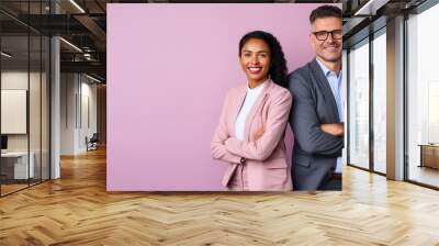 Smiling man and woman in office clothes standing side by side isolated on flat background with copy space. Job application banner template, vacancies, friendly team of employees. Wall mural