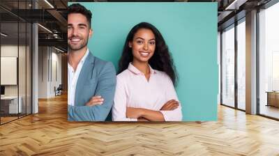 Smiling man and woman in office clothes standing side by side isolated on flat background with copy space. Job application banner template, vacancies, friendly team of employees. Wall mural