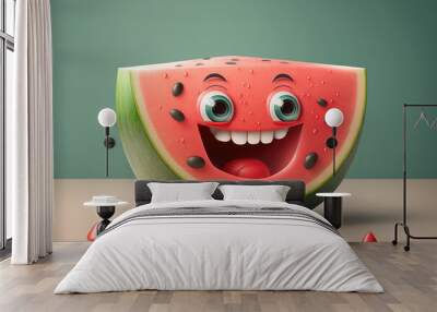 Smiling watermelon 3d cartoon character. Ripe fruit with big eyes and seeds. Funny water melon slice mascot. Generative AI 3d render illustration imitation. Wall mural