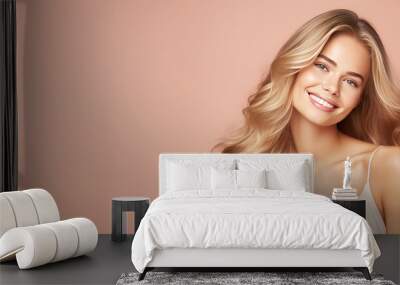 Smiling young woman with blonde long groomed hair isolated on pastel flat background with copy space. Blonde hair care products banner template, hair salon. Wall mural