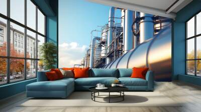 Steel pipes of chemical production on the background of sky. Chemical storage tank. Chemical industry concept.  Wall mural