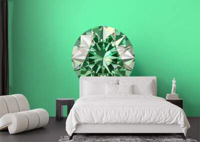 Top view of one beautiful brilliant gemstone with facets isolated on a flat green background with copy space. Minimal creative concept. Generative AI 3d render illustration imitation. Wall mural