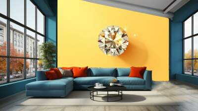 Top view of one beautiful brilliant gemstone with facets isolated on a flat yellow background with copy space. Minimal creative concept. Generative AI 3d render illustration imitation. Wall mural