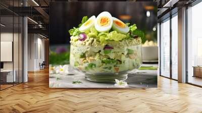 Trendy bound salad with lettuce leaves, avocado and chicken, egg and mayonnaise sauce. A recipe for a nutritious healthy salad that is high in protein. Wall mural