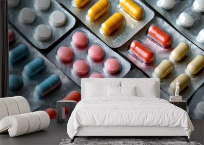 Various colored medicine pills and capsules in blister packs, vitamins and pills in plastic package on a simple background Wall mural