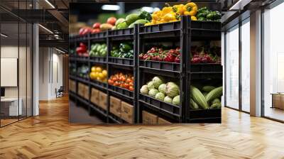 Vegetable market close-up of wooden trays with fresh vegetables. Wallpaper of healthy food. Fresh vegetable in a warehouse food. Wall mural