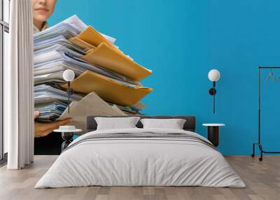 Woman in office suit carrying large stack of folders and papers. Documentation, accounting. Businesswoman heavy paperwork, career crisis, workload, pile of documents, deadline Wall mural