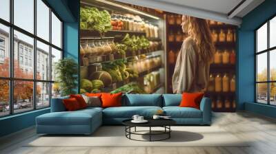 Woman standing in front of shelves with fresh fruit and vegetable, choosing concept, big assortment, Buying healthy organic food in supermarket. Wall mural