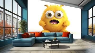 Yellow fluffy cartoon character monster isolated on white background. Monster with horns, funny mascot. Generative AI 3d render illustration imitation. Wall mural