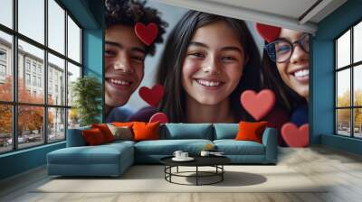 Young adults teenagers smiling surrounded by hearts. Online dating, the concept of connecting people for love and relationships. Wall mural