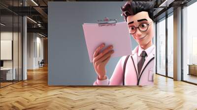 Young positive doctor in a white coat on a grey background with copy space for text.  Creative cartoon character doctor man, medical banner template. Generative AI 3d render illustration imitation. Wall mural