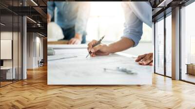 Close-up Of Person's engineer Hand Drawing Plan On Blue Print with architect equipment, Architects discussing at the table, team work and work flow construction concept Wall mural