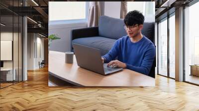 young attractive asian man relaxing comfortably working on laptop in bright living room at his home. Wall mural