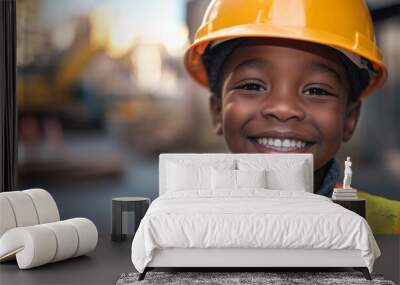 close-up photo of child black boy smiling, wearing vest and helmet, in construction site  Wall mural